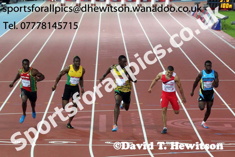 Kemar Bailey-Cole (Jamaica) wins from Adam Gemili (England) in the 100 metres at the Commonwealth Games, Glasgow. Photo: David T. Hewitson/Sports for All Pics